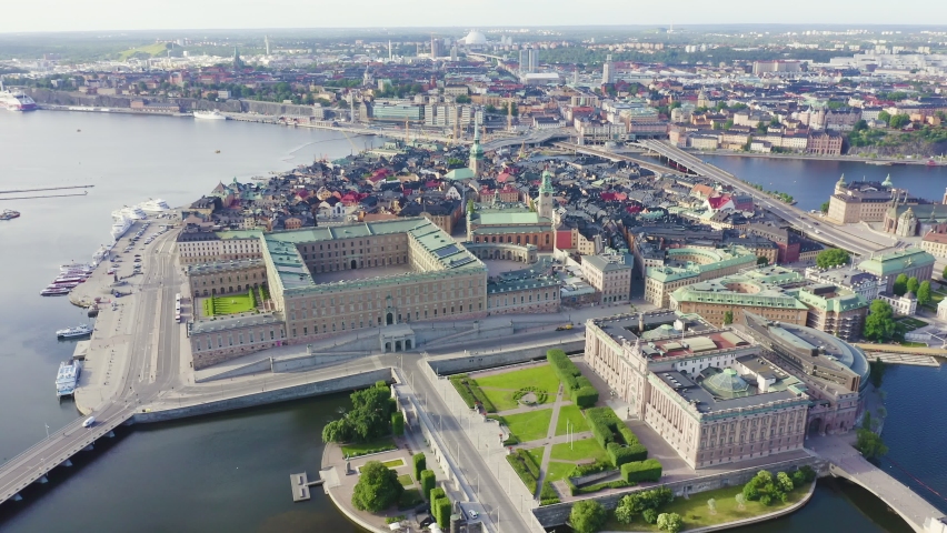 Inscription on video. Stockholm, Sweden. Panoramic view of the central part of the city. Old Town - Gamla Stan. Aerial view. Text furry, Aerial View, Point of interest