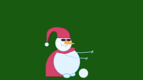 animation with snowman in black glasses and mantle walking in a circle and pushing a snowball on a green background. winter football no matter what