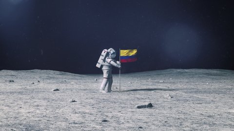 Astronaut in outer space on the surface of the moon. Planting Colombia, Colombian flag.