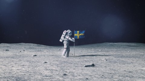 Astronaut in outer space on the surface of the moon. Planting Sweden, Swedish flag.