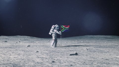 Astronaut in outer space on the surface of the moon. Planting South Africa, South-African flag.