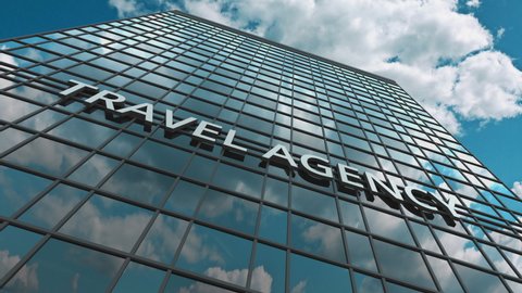 TRAVEL AGENCY signboard on a modern skyscraper reflecting flying plane. 3D animation