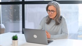 Confident grey-haired senior business woman using laptop for virtual communication sitting in modern office, mature female tutor leading webinar, conducting educational training