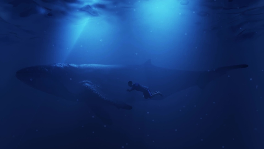 3D Whale and Man Swimming in the Ocean - Underwater Loop Animation Background | Shutterstock HD Video #1084940314