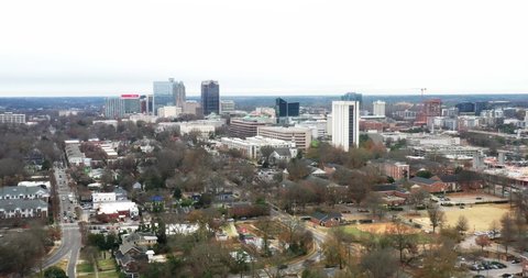 Raleigh, North Carolina skyline with drone videoing in.