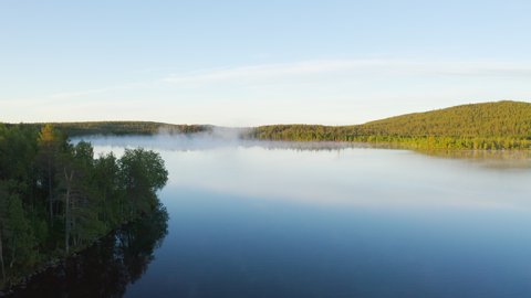 Aerial view of blue foggy lake in sunrise with golden hour green forest landscape in the background filmed in Lapland Finland.