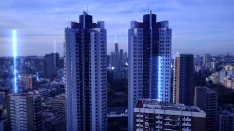 Aerial flight between skyscraper and digital lines connecting city skyline of Buenos Aires - Futuristic Concept with Wireless Cloud Data Communication and Hologram Motion Graphic