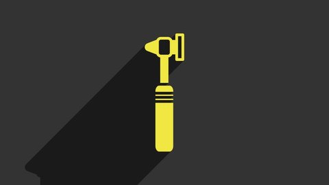 Yellow Medical otoscope tool icon isolated on grey background. Medical instrument. 4K Video motion graphic animation.