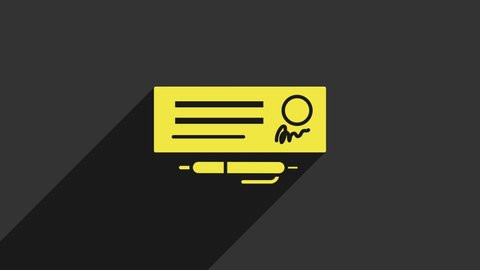Yellow Blank template of the bank check and pen icon isolated on grey background. Checkbook cheque page with empty fields to fill. 4K Video motion graphic animation.
