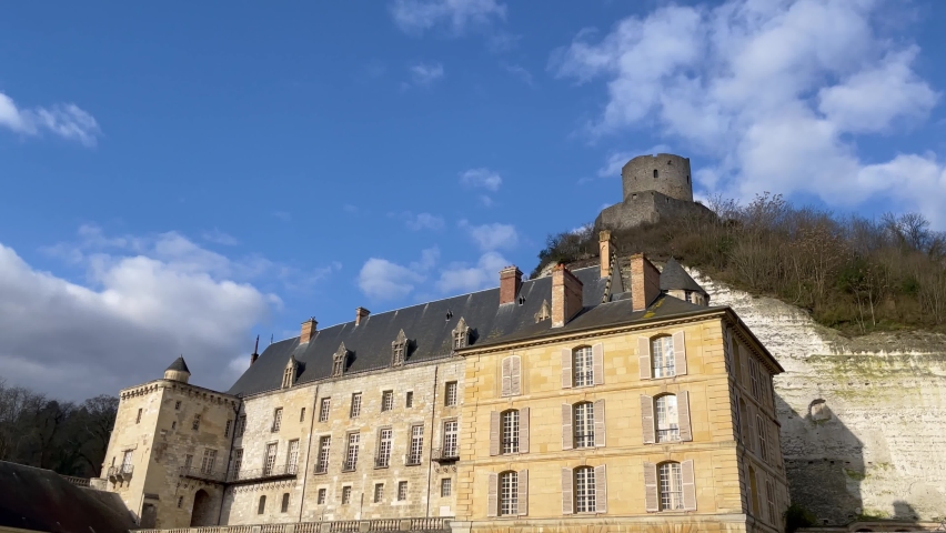 France, old medieval Castle of La Roche-Guyon in french Vexin Regional Natural Park during a sunny day. The dungeon overlooks the fortress.