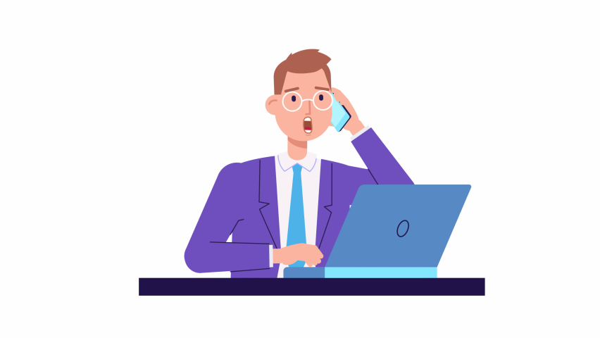 Businessman character working at laptop and speaking with phone animation. programmer, manager, busy office worker. multitask, close to deadline concept. Overworked man. looped stock footage | Shutterstock HD Video #1084952605