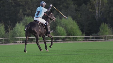 UFA RUSSIA - 05.09.2021: Leader polo player on horse. Strikes a white ball with a wooden stick. A championship match or training in a polo club. Polo jockeys on horseback. Luxury game, slow motion.