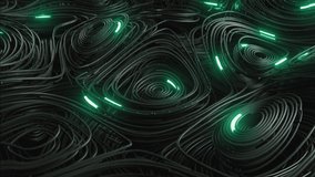 Black topographic circular lines with running matrix code and with green neon