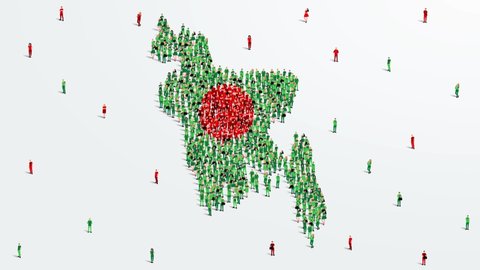 Bangladesh Map and Flag. A large group of people in the Bangladesh flag color form to create the map. 4K Animation Video.