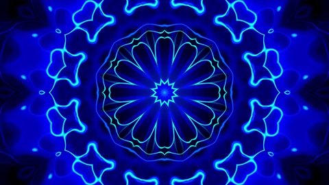 blue colour Kaleidoscope Patterns. Unique Kaleidoscopic Animation. Beautiful Bright Ornament. 4K Motion Graphics Background.