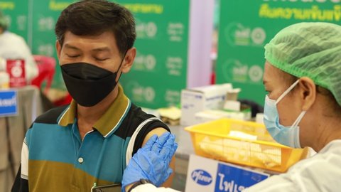 Mahasarakham, Thailand -7 Jan. 2022 : Thai people get vaccinated with Pfizer vaccine, Modena vaccine. To prevent corona virus Omicron strain at Maha Sarakham Province
