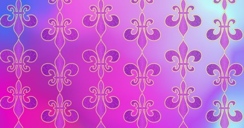 Mardi Gras Fat Tuesday. Animation background with purple Fleur-de-Lis lily symbols on beautiful neon screen. Venetian carnival Mardi Gras greeting. 4k video graphic motion
