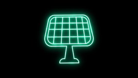 4K Glowing neon line Solar energy panel icon isolated on black background. Led light sun panel icon in green color. Solar panel animation. Isolated Solar Panel Illustration. Illuminated Industry Icon