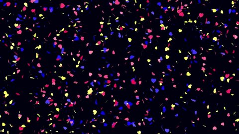 Festive background with falling multicolored hearts. Bright animation for Valentine's day, holiday, party, greetings. Footage with flying, glowing confetti, particles in the air. Motion design.
