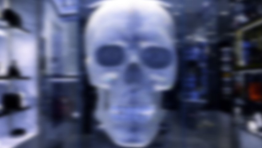 Blur defocused view of skull in fashion store - blue color cast