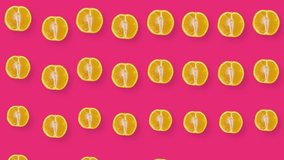 Colorful fruit pattern of fresh orange on pink background with shadows. Seamless pattern with orange sliced. Realistic animation. 4K video motion