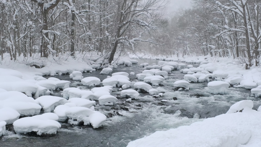 Beautiful snow scene in Oirase River in Aomori Prefecture in Japan in winter Royalty-Free Stock Footage #1084984195