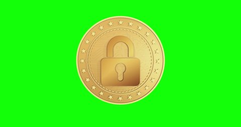 Cyber security and secure payment with padlock symbol isolated gold coin on green screen loopable background. Rotating golden metal looping abstract concept. 3D loop seamless animation.
