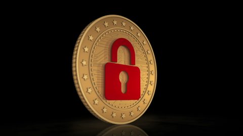 Cyber security, protection, cryptocurrency and secure payment with padlock symbol 3d gold coin on background. Rotate golden metal abstract concept animation of transaction and blockchain technology.