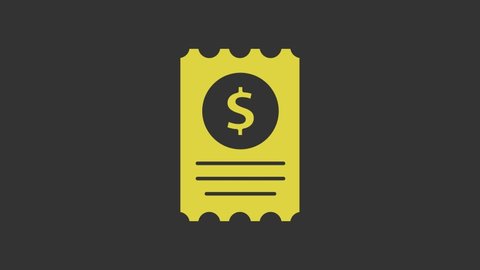 Yellow Paper check and financial check icon isolated on grey background. Paper print check, shop receipt or bill. 4K Video motion graphic animation.
