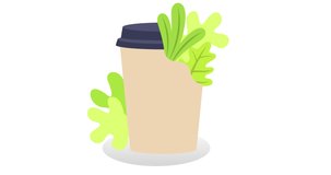Coffee in a paper cup, coffee beans and vegetation, 4k video, animated and animation. Food and drink, beverage, drinking and coffee house, RGB+alpha matte channel, motion design and footage.