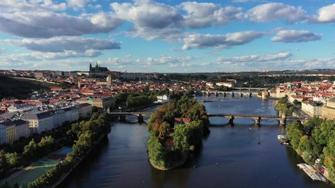 Prague scenic aerial view of the Prague Old Town pier architecture and Charles Bridge over Vltava river in Prague, Czechia. Old Town of Prague, Czech Republic.