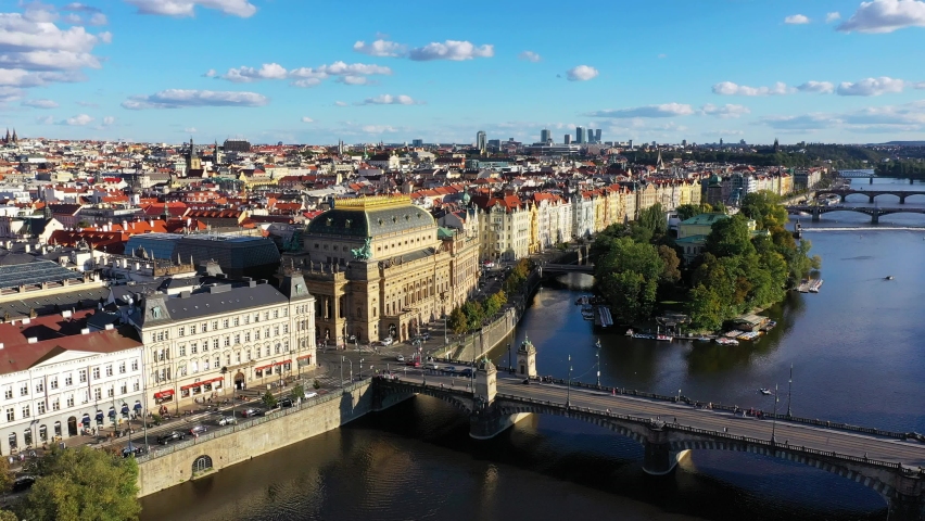 Prague scenic aerial view of the Prague Old Town pier architecture and old buildings over Vltava river in Prague, Czechia. Old Town of Prague, Czech Republic. | Shutterstock HD Video #1085003605