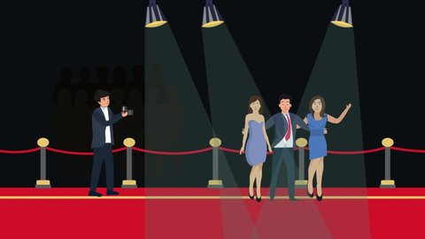 Three famous celebrities animation took photos by paparazzi while walking together on the red carpet. Cartoon in 4k resolution