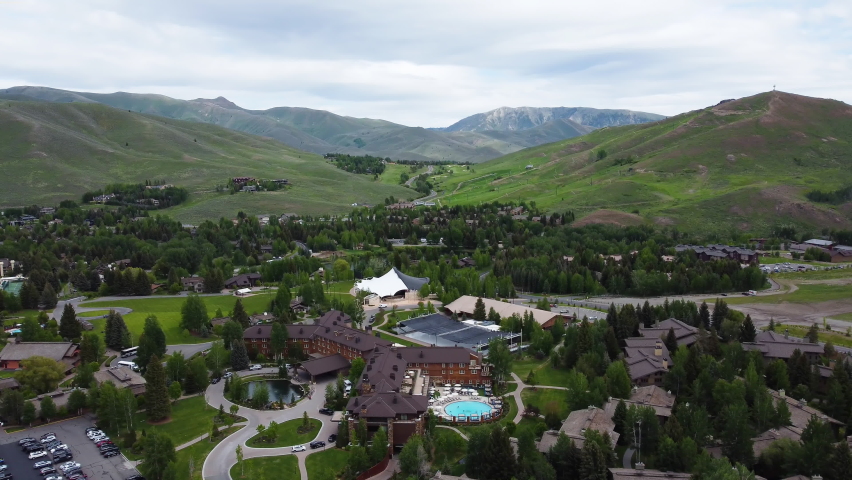 jib view of the resort hotel between the valleys. Swimming pool view from the drone in Sun Valley, Idaho.