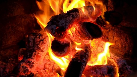 Close up shot of dancing flames of campfire, red hot coals; static