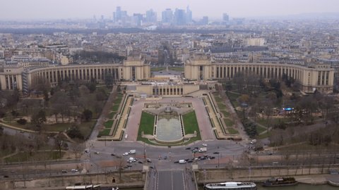 Paris, France - December 2021 : Trocadero esplanade and La Defense district seen from the Eiffel Tower on a winter day in paris, France