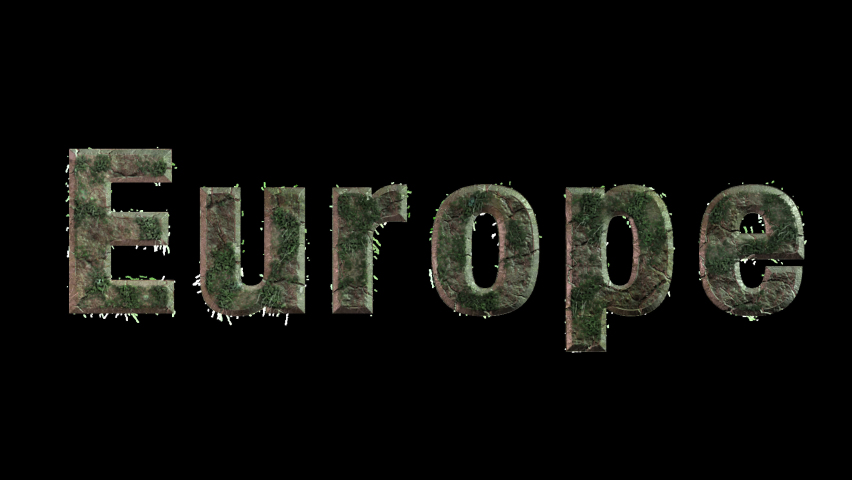 Marble title Europe erodes cracks and is covered with moss. Decay, decline, stagnation concept. Prorez with alpha, easy to place on any background. Royalty-Free Stock Footage #1085017972