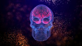 Human skull and active brain memory with several camera angles. Abstract 3D video loop animation concept of brain on blurred sparks background.