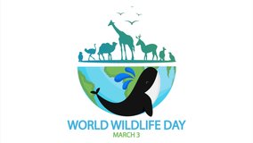 World Wildlife Day planet with animals, art video illustration.