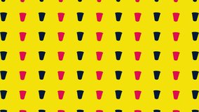 Colorful pattern of pink and black paper drinking cups on yellow background. Seamless pattern with paper cup. Realistic animation. 4K video motion