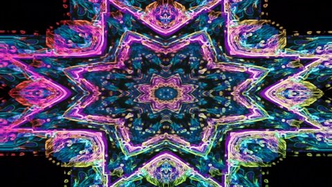 Kaleidoscope blue fractal pattern motion background with colorful neon glow. Beautiful unique fractal abstract kaleidoscope animation. 4k resolution