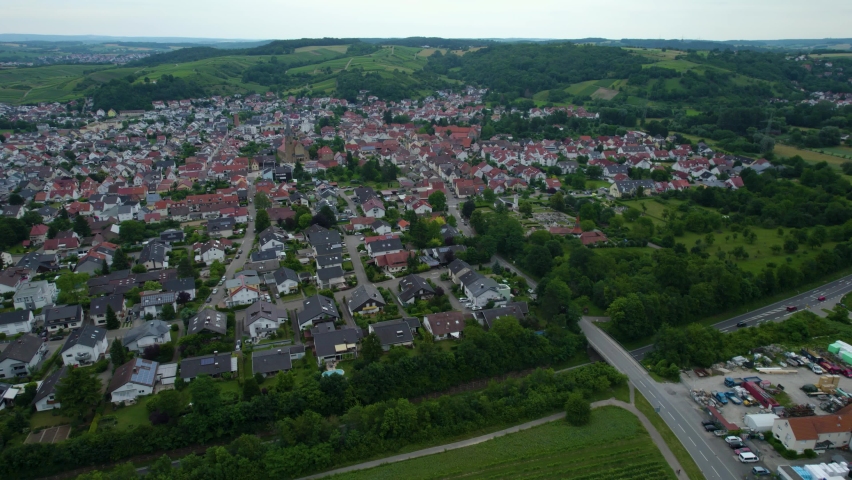 Aerial panorama view of the city Rauenberg in Germany  on a cloudy day in spring