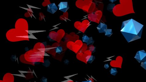 A futuristic flight of red hearts and asteroid debris in the form of blue multi-faceted shapes. Close-up. Beautiful screensaver. 3D. 4K. Isolated black background.