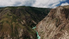 Sulak river in Sulak canyon, Aerial view of the unique natural landscape Dagestan. Popular landmark - deepest canyon in the Europe in the valley of the Turquoise river Sulak. 4K,10 bit Video