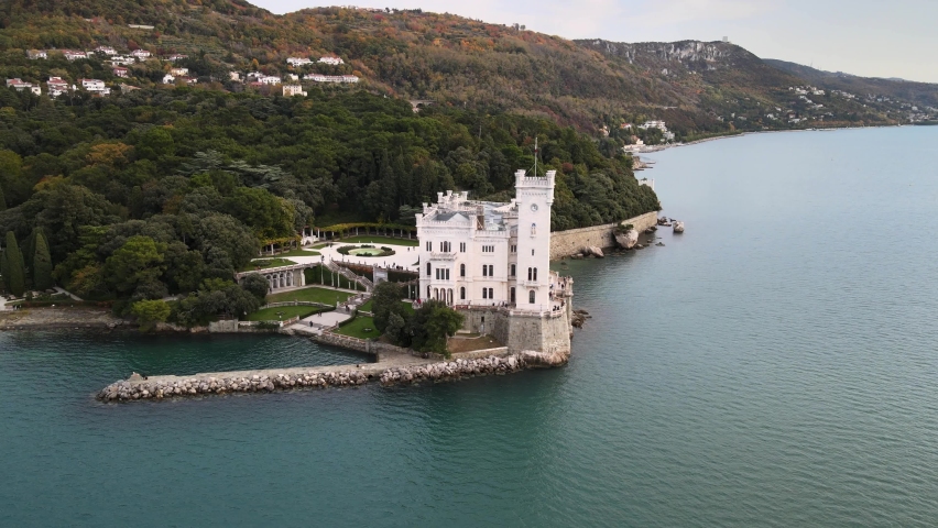 An aerial view of Miramare Castle in Trieste, Italy
