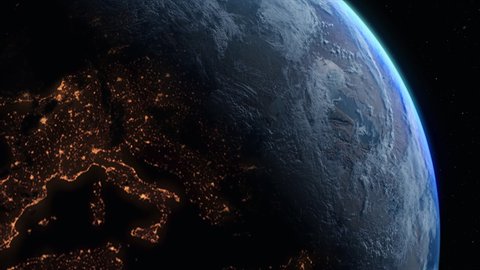 Photo realistic 3D earth from high earth orbit. Sunrise view of Europe from space. Planet earth from space. Clip contains space, planet, stars, cosmos, earth, sunrise, globe, Europe. [ProRes UHD 4K ]