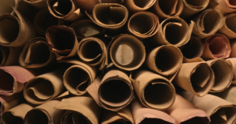 Scribe library. Retro futhpak scrolls stacked on a pile. View from inside. | Shutterstock HD Video #1085048134