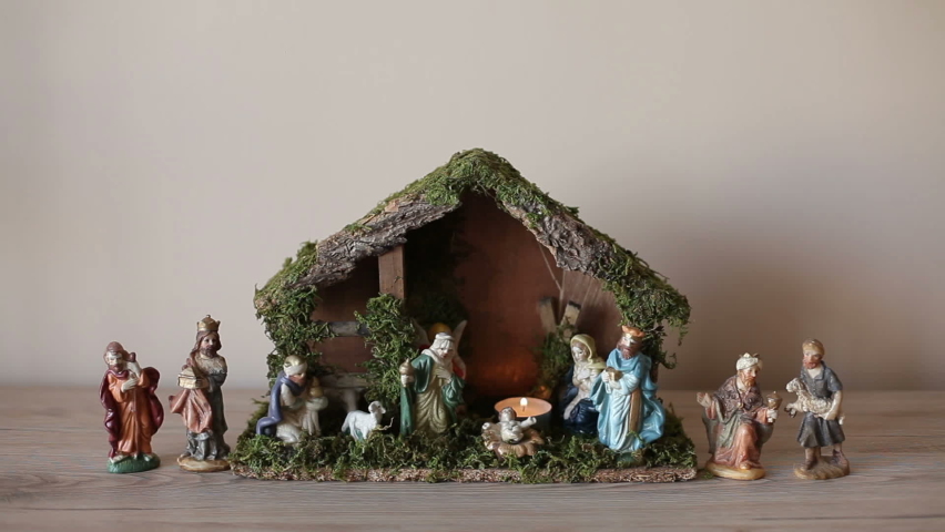 Decoration souvenir for Christmas holidays. Christmas decorations in the house, souvenir imitation of the birth of Jesus Christ. Manger christmas.
