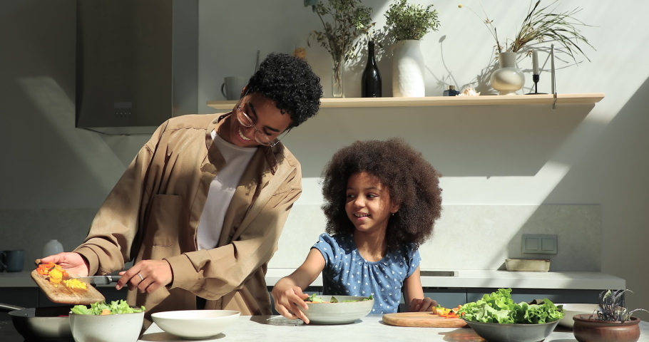 Young African woman her cute school age curly haired daughter cook together veggie salad, talking enjoy cookery in fashionable home kitchen. Healthy eat and lifestyle, vegan family and recipes concept | Shutterstock HD Video #1085053477