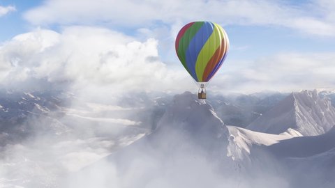 Dramatic Mountain Landscape covered in clouds and Hot Air Balloon Flying. 3d Rendering Adventure Dream Concept Artwork. Aerial Image from British Columbia, Canada. Cloudy Sky. Animation